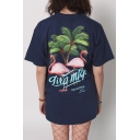 Hip Hop Style Flamingo Pattern Round Neck Short Sleeve Unisex Cotton T-Shirt