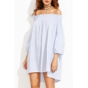 Sexy Off the Shoulder Striped 3/4 Length Sleeve Mini Swing Dress