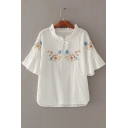 Embroidery Floral Pattern Bell Short Sleeve Round Neck Blouse