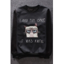Letter Cartoon Cat Printed Round Neck Long Sleeve Unisex Pullover Sweatshirt