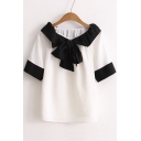 Color Block Short Sleeve Bow Collar Loose Leisure Pullover Blouse