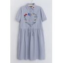 Summer Arrival Embroidery Floral Lapel Short Sleeve Midi Shirt Dress