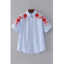 Embroidery Red Floral Pattern Striped Single Breasted Lapel Short Sleeve Shirt