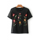 Summer See Through Embroidery Floral Pattern Round Neck Short Sleeve Mesh Tee