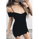 New Sexy Cold Shoulder Short Sleeve Spaghetti Straps Plain Bodycon Mini Dress