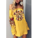 Hot Fashion Floral Printed Off The Shoulder Long Sleeve Beach Holiday Mini Dress