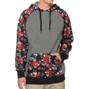 Retro Floral Pattern Long Sleeve Color Block Oversize Hoodie with Pockets