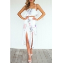 Summer Spaghetti Straps Zipper Back Ruffle Front Cami with Split Front Wide Leg Pants Floral Printed Co-ords
