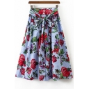 Color Block Floral Printed Plaid Maxi A-Line Skirt with Button Closure