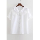New Arrival Lace Patchwork Lapel Short Sleeve Single Breasted Plain Shirt
