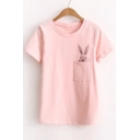 Cute Rabbit Printed Pocket Short Sleeve Round Neck Pullover Leisure T-Shirt