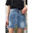 Summer's Plain Split Front Fringe Hem Mini Denim Skirt