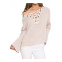 Hot Fashion Lace Up Front V Neck Long Sleeve Simple Plain Loose Sweater