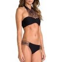 Hot Fashion Halter Neck Multi Straps Plain String Side Bottom Bikini Swimwear