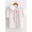 Cute Tied Lapel Flare Short Sleeve Single Breasted Plain Shirt