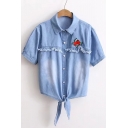 Rose Embroidered Short Sleeve Lapel Collar Knotted Hem Buttons Down Shirt