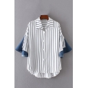 Vertical Striped Denim Patchwork Bell 3/4 Length Sleeve Single Breasted Lapel Shirt