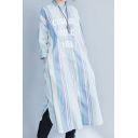 Collarless Long Sleeve Letter Striped Pattern Buttons Down Loose Longline Shirt