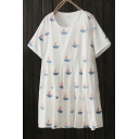 Loose Embroider Cartoon Ship Short Sleeve Round Neck Mini T-Shirt Dress