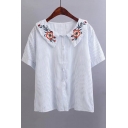 Floral Embroidered Folded Collar Short Sleeve Striped Buttons Down Shirt