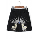 High Waist Cartoon Embroidered Denim A-Line Mini Skirt