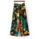Foliage Printed Bow Tie Waist Wide Legs Leisure Holiday Pants