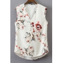 V Neck Sleeveless Floral Printed High Low Hem Loose Casual Tank Top
