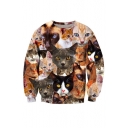 New Fashion Cute Cartoon Cats Printed Round Neck Long Sleeve Casual Sweatshirt