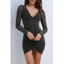 Sexy Sheer Long Sleeve Plunge V-Neck Ruched Front Plain Bodycon Dress