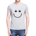 Leaves Happy Face Printed Short Sleeve Round Neck Cotton Pullover T-Shirt