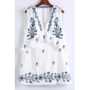 Chic Floral Embroidered V Neck Sleeveless Casual Leisure Mini Tank Dress
