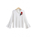 Loose Oversize V Neck Long Sleeve Flared Cuff Chic Floral Embroidered Pullover Blouse