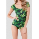 New Arrival Scoop Neck Short Sleeve Green Leaves Printed One Piece Swimwear