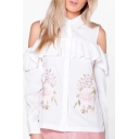 Floral Embroidered Lapel Collar Cold Shoulder Long Sleeve Shirt