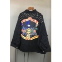 New Arrival Fashion Studded Cartoon Printed Stand Up Collar Long Sleeve Coat