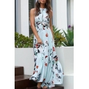 New Fashion Open Back Halter Neck Floral Printed Maxi Beach Dress