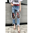 New Arrival Stylish Cut Out Chic Floral Embroidered Sheer Fishnet Patched Jeans