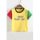 Color Block Letter Printed Round Neck Short Sleeve Cropped Casual Tee