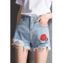 New Arrival Chic Floral Embroidered Ripped Denim Shorts