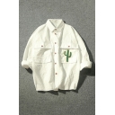 Fresh Cactus Printed Lapel Collar 3/4 Sleeve Buttons Down Casual Shirt