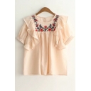 Chic Floral Embroidered Ruffle Hem Round Neck Short Sleeve Pullover Blouse