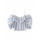 Sexy Spaghetti Straps Cold Shoulder Half Sleeve Sashes Sleeve Striped Blouse