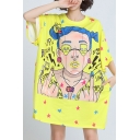 Hot Fashion Round Neck Short Sleeve Cartoon Printed Chic Loose Mini T-Shirt Dress