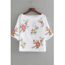 Boat Neck Short Sleeve Floral Embroidered Casual Loose Pullover Cropped Tee