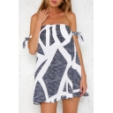 Geometric Printed Bow Tie Sleeve Off The Shoulder Mini A-Line Dress