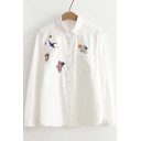 Simple Fresh Cactus Embroidered Lapel Collar Long Sleeve Buttons Down Shirt