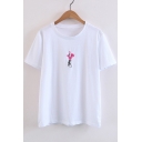 Leisure Embroidery Floral Short Sleeve Round Neck Tee