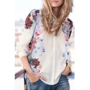 Hot Fashion Chic Floral Printed Lapel Collar Long Sleeve Casual Chiffon Shirt