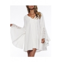 New Collection Simple Plain V Neck Long Sleeve Flared Cuff Lace Inserted Mini Dress