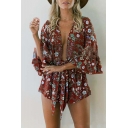 Hot Fashion Retro Floral Printed Plunge Neck Flare Sleeve Beach Rompers